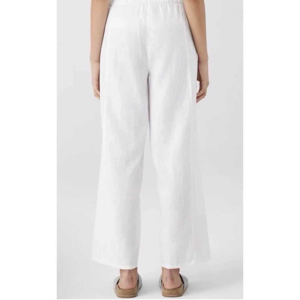 Eileen Fisher 100% Organic Linen Pant White Lg Ankle Tapered Elastic Pull On EUC